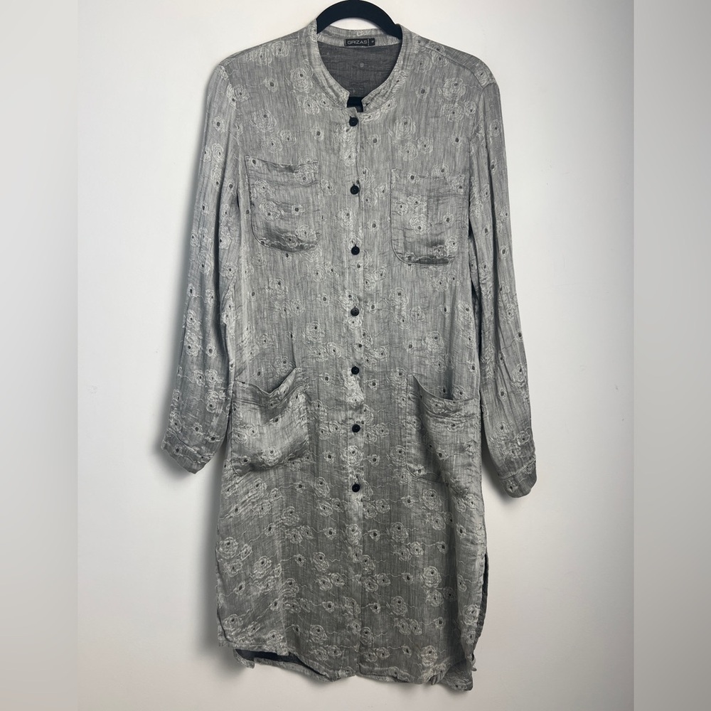 GRIZAS Small Silver Gray Linen Silk Blend Floral Embossed Shirt Dress‎
